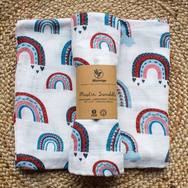 Ocean Blue & Terra Cotta Rainbows Baby Muslin Swaddle